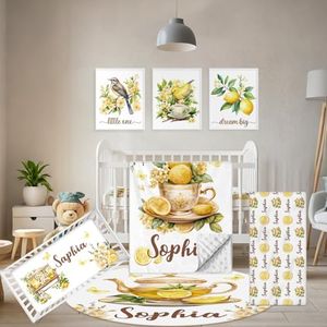 Terwex Personalized Baby Crib Bedding Set, 5 Pcs Custom Name Nursery Bedding Set, Lemon Tea Baby Bedding Set for Girls Boys, Double Layer Flannel Baby Crib Set, Toddlers Kids Infants Customized Gifts
