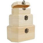 BELLE VOUS 3 Pack Wood Treasure Chest - Small, Medium & Large - Plain Unfinished Wooden Storage Case with Clasp & Hinged Lid - Crafts, Art, Hobbies, Projects, Jewellery Box & Home Keepsake Storage