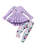 puseky Toddler Baby Girl Clothes 12-18 Months Infant Girl Ruffle Outfits Bowknot Solid Shirt Top and Floral Pant Clothing Sets Purple