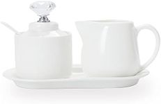 ONTUBE Porcelain Sugar and Creamer with tray and Crystal Lid Set of 4, Silver