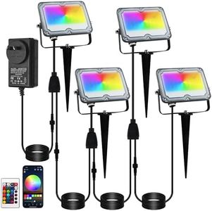 BOSITE 10W RGB Spot Lights IP66 Waterproof RGB LED Flood Light Color Changing Landscape Spotlight Outdoor RGB Floodlights with Remote/App/Stakes for Garden Patio Yard Gate Walkway Pathway (4 Pack)