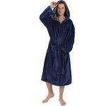 SeaKanana Mens Large Hooded Long Blue Bathrobe with Chest Button,Big Tall Fleece Housecoat Extra Lightweight and Warm - Large