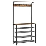 VASAGLE Clothes Rack, Hallway Tree with Shoe Storage, 5 Tier Shoe Rack, Different Height, 5 Double Hooks, Top Shelf, Dormitory in the Corridor Industrial Rustic Brown and Black HSR408B01