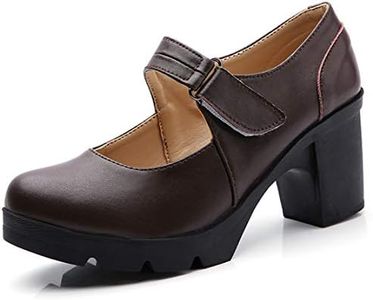 DADAWEN Women's Leather Classic Mid Heel Mary Jane Square Toe Oxfords Platform Dress Pumps Shoes Brown US Size 4.5