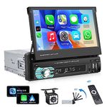 Single Din Touchscreen Car Stereo Wireless Apple Carplay Android Auto, 7 '' Manual Flip Out Car Radio with Bluetooth FM Mirror Link AUX Input SWC EQ USB TF Car Multimedia Player + Backup Camera