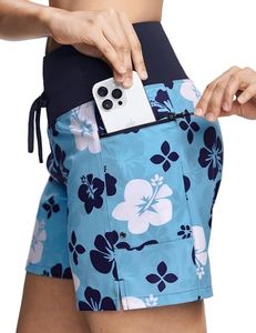ISEEGZ Women's 5"/9" High Waisted Swim Board Shorts Quick Dry UPF 50+ Womens Swim Trunk Bottoms with Liner Zipper Pockets Blue Floral