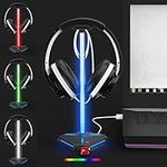 RGB Headphone Stand Headset Holder Hanger with 2 USB 2.0 Extension Charging Port, Type C input & output Extender Cord RGB Color Light Pole for Gamer Desktop Table PC Gaming Earphone Accessories