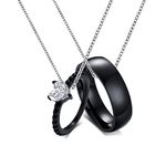 KunBead Jewelry Black Ring Zircon Necklace Matching Couple Necklace for Him and Her sets for 2-Stainless Steel