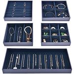 ProCase Jewelry Organizer Tray Drawer Inserts, Stackable Jewelry Drawer Dividers Container Necklace Display Trays Storage Box for Dresser Earring Rings Bracelet, Set of 5 - Darkblue