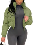 Flygo Women Cropped Quilted Puffer Jacket Winter Fashion Long Sleeve Bubble Short Down Coat(ArmyGreen-M)