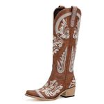 Western Cowboy Boots for Women Embroidered Rhinestones Knee High Cowgirl Boots Pointed Toe Chunky Heel Fashion Retro Classic Tall Boot, Brown, 9
