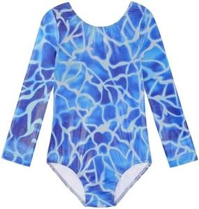 HOZIY Gymnastics Leotards for Girls Long Sleeve 6-7 7-8 Years Toddlers Blue Wave Ocean Sea Style Sleeved Kids Leo Tumbling Outfits Sparkle Glitter Unitard Dance Clothes Clothing Apparel