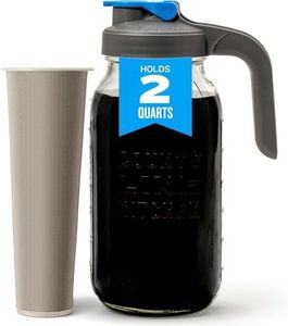 County Line Kitchen Cold Brew Coffee Maker, Mason Jar Pitcher - Heavy Duty Soda Lime Glass w/Stainless Steel Mesh Filter & Flip Cap Lid - Iced Tea & Coffee - 64 oz (2 Quart / 1.9 Liter), Gray Handle