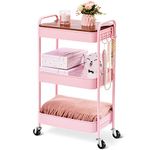 TOOLF 3 Tier Rolling Cart, Metal Utility Cart with Wheels & Wooden Top, Pink Organizer Cart, Rolling Craft Storage Cart, Serving Trolley Cart for Kitchen, Office, Bathroom, Kids' Room, Bedside, Pink