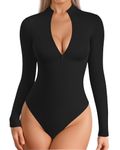 MANGOPOP Long Sleeve Body Suit Mock Turtle Neck Zip Up Bodysuit for Women Ribbed Deep V Sexy Bodysuit Shirts