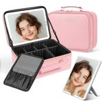 JUSRON Travel Makeup Bag with Lighted Mirror 3 Color Scenarios Adjustable Brightness, Portable Cosmetic Organizer Case with Adjustable Dividers Makeup Brushes Storage Organizer Pink