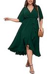 SCOMCHIC Women Plus Size Wedding Guest Dresses Wrap V Neck Belted Split High Low Emerald Green Long Dress 2XL