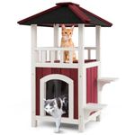 Tangkula Outdoor Cat House, 2-Story Wooden Cat Shelter with Asphalt Roof, Balcony, Rain Curtain, Jumping Platforms, Removable Floor, Weatherproof Pet Hutch for Small & Medium Sized Cats