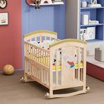 BabyTeddy ® 9 in 1 Patented Multifunctional Baby Crib Baby Wooden Cot Baby Bed Cradle Bedside Crib Rocker Swing Convertible Desk and Kid’s Sofa with Mattress and Mosquito Net (Natural)