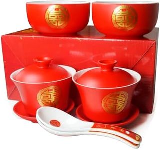 Chinese Tableware Tea Gift 2 Set Gaiwan Bowl Spoon Porcelain Double Happiness for Adults Men Women Couple Wedding Party (Double Happiness)