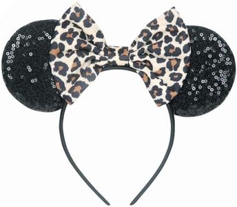 UNDEHAAC Bow Mouse Ears Headband Cute Sequin Headband for Women (Black Leopard Print)