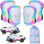 Knee Pads for Kids Elbow Pads Wrist Guards with Drawstring Mesh Bag, 7 in 1 Protective Gear Set for Girls Boys for Skating Cycling Rollerblading Scooter, 3-8 Years (Rainbow Mermaid)