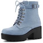 Allegra K Women's Zip Chunky Heel Platform Denim Blue Ankle Combat Boots - 6 M US