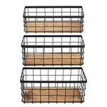 TIEYIPIN Farmhouse Decor Metal Wire Storage Baskets, Wood Base Containers Organizing Basket Caddy Bin for Kitchen Cabinets, Bathroom, Pantry, Garage, Laundry Room, Closets - Small - Black (Set of 3)