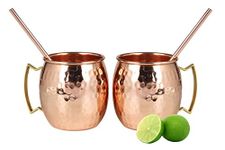 A29 Moscow Mule 100% Solid Pure Copper Mug/Cup (16-Ounce/Set of 2, Hammered) with 2 Copper Straws