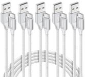 etguuds White USB C Cable, 5-Pack (3/3/6/6/10 ft), USB A to USB C Cable Fast Charging Type C Charger Cord for iPhone 16/15 Pro Max Plus, for Samsung Galaxy S24 S23 S22 S21 S20 A25 Note, Pixel, Moto