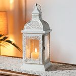 TRIROCKS Rustic Style Metal Candle Lantern 32cm High Decorative Hanging Lantern Candle Holder with Clear Glass Perfect for Living Room Garden Yard Patio Parties Events Indoors Outdoors (Cream)