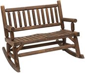 Outsunny Garden 2-Seater Rocking Bench Wood Frame Rough-Cut Log Loveseat Slatted High Back Rustic Style with Armrests Garden Outdoor Furniture - Dark Stain Brown