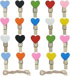 Prescent Pack of 20 Wooden Mini Multicolor Heart Clip with Jute for Photo Paper and Multipurpose Clips with String