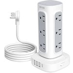 TROND Tower Power Bar with Surge Protector, 12 Widely Spaced Outlets 4 USB Ports (1 USB C), 6ft Flat Plug Extension Cord Indoor, Desk Vertical Power Strip for Home Office Supplies Dorm Room Essentials