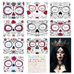 iwiio Halloween Face Tattoo, 9Pcs Day of the Dead Face Tattoo, Halloween Face Stickers Temporary Tattoos, Include Skeleton Web Red Rose Sticker Men Adults Kids Halloween Masquerade Party