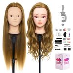 Neverland Training Head, Hairdressing Styling Head 24" Brown 50% Real Hair Cosmetology Hairdressing Mannequin Manikin Doll Head with Makeup Function+ Braid Set+ Table Clamp