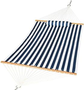 Prime Garden Double Quilted Fabric Hammock with Pillow, Hardwood Spreader Bars, Heavy Duty 450-Pound Weight Capacity, Perfect for Outdoor Patio Yard Beach, Navy Blue Stripe