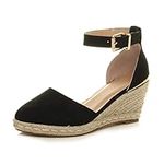 AJVANI mid Wedge Heel Buckle up Ankle Strap Espadrille Sandals Size 5 38 Black