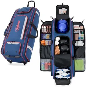 Fanwoli 90L Catchers Gear Bag with Wheels, Rolling Baseball & Softball Bag for 8 Bats, Multi-Pockets, Shoe Compartment, Reflective Strip, Fence Hook, Portable Equipment Bags for Youth & Adult, Blue