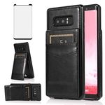 Phone Case for Samsung Galaxy Note 8 with Tempered Glass Screen Protector and Credit Card Holder Wallet Cover Stand Leather Cell Accessories Glaxay Note8 Not S8 Galaxies Gaxaly Cases Women Men Black