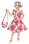 Laraib Fashion Kids Girls Floral Knee Length Short Frock Dress with Cap, Mask and Purse (Pink-White, 7-8 Years)