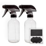 8-Ounce Clear Glass Spray Bottles (2-Pack); Boston Round Bottles w/ 3-Setting Adjustable Black Heavy Duty Sprayers & Chalk Labels