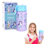 HYDRATE Stainless Steel Water Bottle Kids - 350ml Stainless Steel, Leakproof - Safe to Use - Easy Grip for Children - Double Walled - Includes Fun Design - 18 x 7.5 cm - Mermaids, White