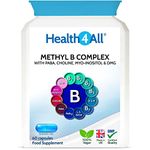 Methyl B Complex 60 Capsules (V) (not Tablets) with Methylcobalamin, Methyl Folate, P5P, Choline, Myo-Inositol, DMG and PABA for Stress Support, Energy and methylation. Made in UK by Health4All