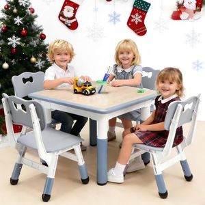 Garvee Modern Kids Table and 4 Chair Set,23" Height Adjustable Toddler Table and 4 Chairs with Non-Slip Desk Legs&Organizer Graffiti Desktop,Multi-Function Tables for Kindergarten/Living Room(Gray)