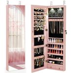 Giantex Wall Door Mounted Jewelry Armoire Cabinet with 47.5" H Full Length Mirror, 2 LEDs Lockable Jewelry Organizer Box with Bracelet Rod, 2 Drawers, Large Storage Capacity (Light Pink, 47.5'' H)