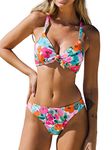 CUPSHE Women's Tie Knotted Bikini Set Floral Bottom Two Piece Swimsuit Swimming Costume Burnt Bright Floral Print M