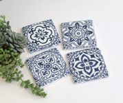 Ceramic Mediterranean Coasters Set of 4 Blue Geometric Tiles Cork Backed Decorative Cup Coasters Table Mats