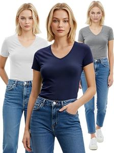 Emmalise Women's Plain Short Sleeve V Neck T Shirt(3P-Nvy/Hgry/Wht-2X)