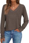 AUTOMET Long Sleeve T Shirts for Women Lace V Neck Casual Cute Tops Loose Fit Fall Winter Basic Clothing, CoffeeGrey, L